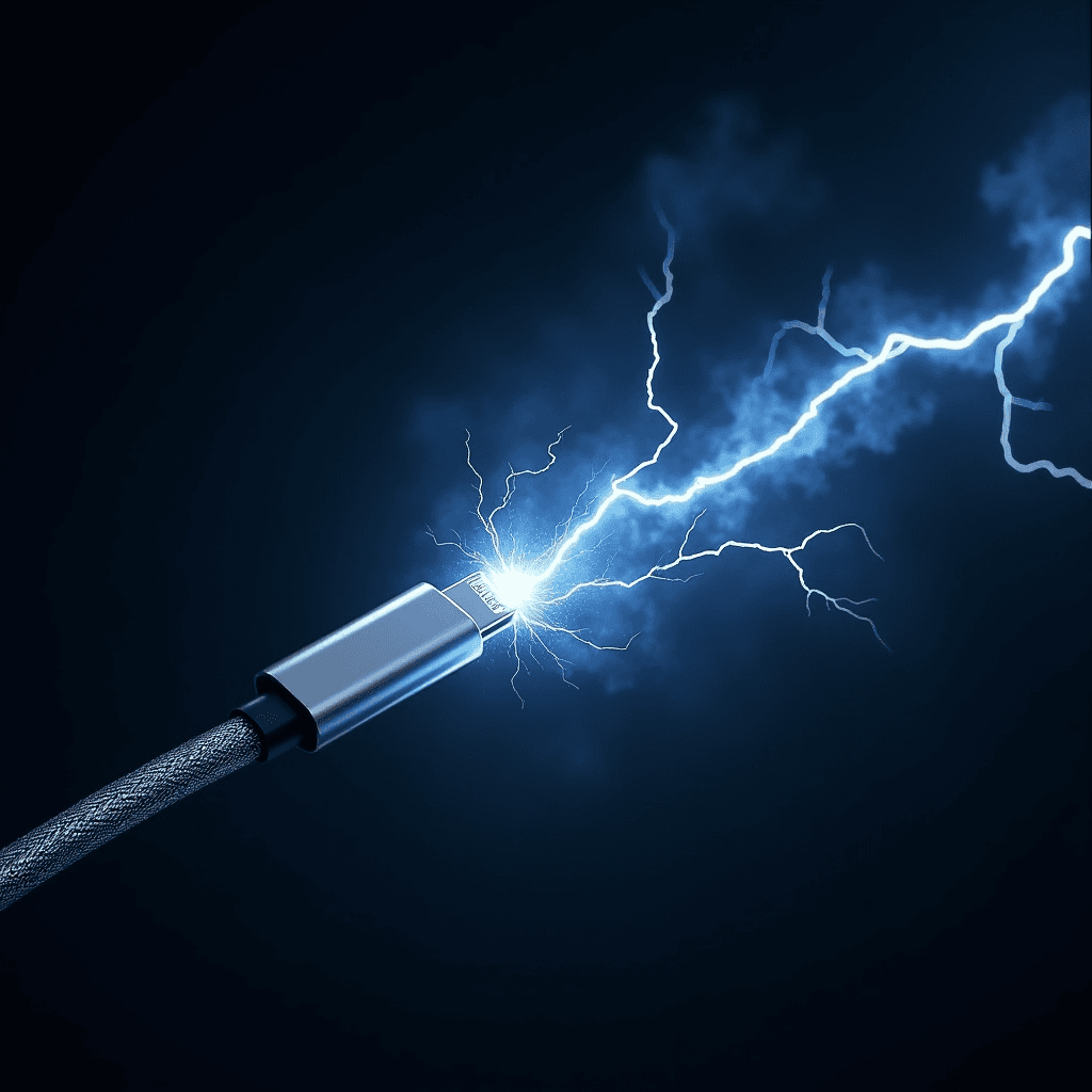 The Electrum cable — braided connector arcing with current against a dark background