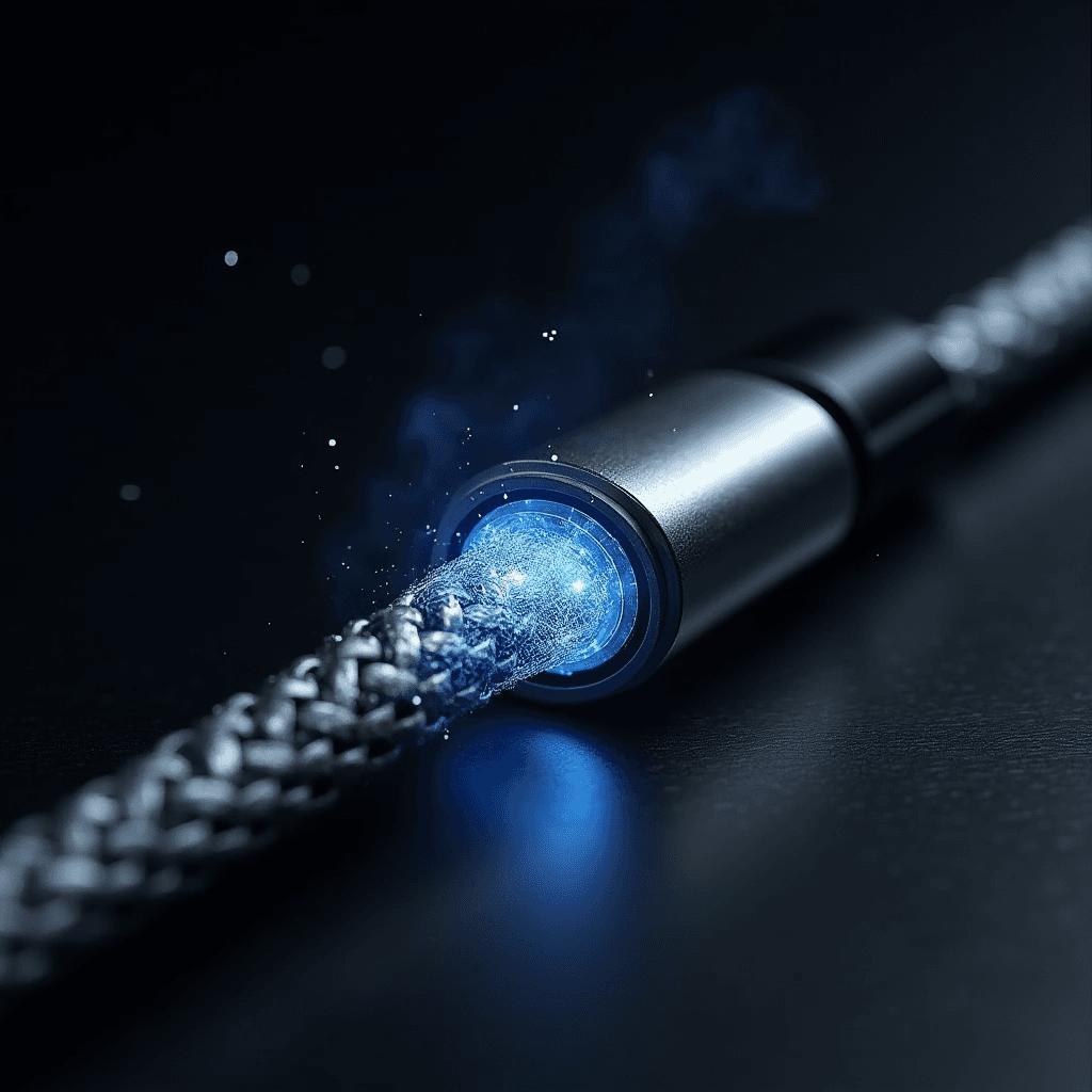 The Electrum cable — braided sheath and connector detail showing built-in durability