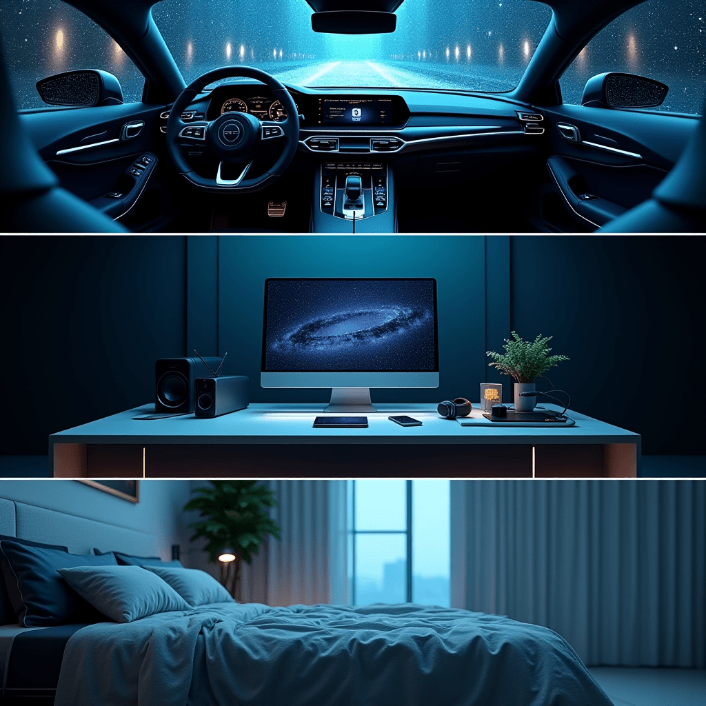 The Electrum cable in use — car dashboard, desk, and bedside nightstand